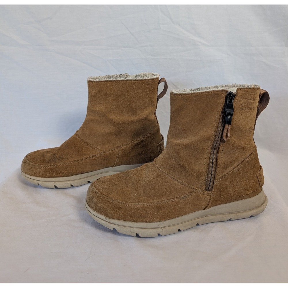 Sorel Explorer Zip Women's 6.5 Camel Brown Suede Moc Toe Winter Boots Boho Indie
